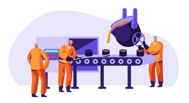 Metalurji Sanayi İşçileri Tek tip Eritme Metal Büyük Döküm ve Dökme Sıcak Erimiş Çelik veya Demir Cevheri Eritme Süreci Sırasında Formda, Metal Üretim Şirketi Karikatür Düz Vektör İllüstrasyon