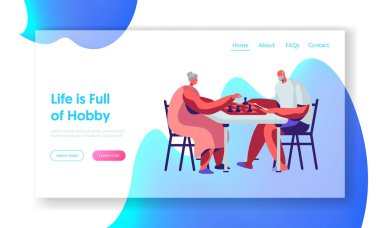 Kıdemli Erkek ve Kadın Satranç Hobi oynuyor. Emekliler Çift Entelektüel Oyun, Emekli Ler Leisure Web Sitesi Açılış Sayfası, Web Sayfası harcama harcama dinlenmek. Karikatür Düz Vektör İllüstrasyon, Afiş