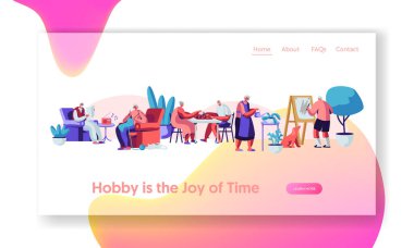 Yaşlılar Yaratıcı Hobi. Yaşlı Karakterler Huzurevinde Vakit Geçiriyor, Müzik Dinliyor, Resim, Satranç Oynamak, Örgü Örmek. Web Sitesi Açılış Sayfası, Web Sayfası. Karikatür Düz Vektör İllüstrasyon, Afiş