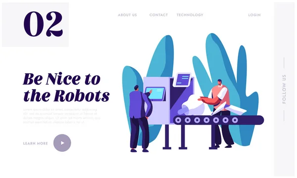 Die männlichen Charaktere der Ingenieure stellen einen Teil des Roboters auf dem Förderband auf. Künstliche Intelligenz entwickelt und montiert Technologien. Website Landing Page, Webseite. Cartoon flache Vektorillustration, Banner — Stockvektor