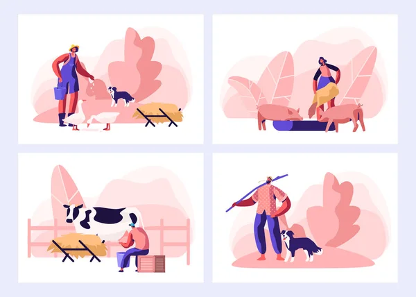 Set of Farmer Everyday Routine. People Doing Farming Job. Feeding Animals, Milking Cow, Shearing Sheep, Raking Hay. Male and Female Characters Working with Cattle. Cartoon Flat Vector Illustration — Stock Vector