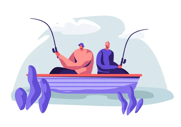 Mężczyźni wędkowanie w łodzi na spokojne jezioro lub rzeka w letni dzień. Relaks hobby w Summertime. Fishmen siedzi z wędki posiadające dobry połów. Znajomi spędzają razem czas. Kreskówka płaski wektor ilustracja — Wektor stockowy