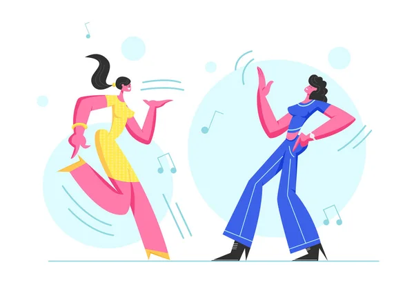 Couple of Excited Young Girls Dancing in Disco Party. Happy Female Characters Cheerfully Dance Moving Body in Music Rhythm. Happy Life Moments, Weekend Leisure Hobby. Cartoon Flat Vector Illustration — Stock Vector