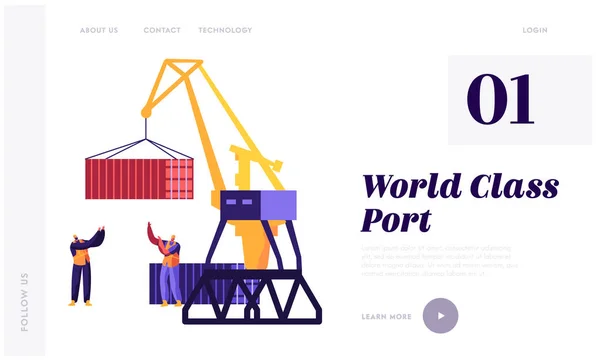 Sea Transportation and Logistic Infographics. Seaport Harbour Lift Crane Loading Container and Sea Port Workers Control Process Website Landing Page, Web Page. Cartoon Flat Vector Illustration, Banner — Stock Vector