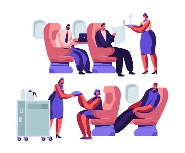 Équipage d'avion et personnages de passagers en avion. Hôtesse Donner des repas à des gens heureux assis sur des chaises dans la classe économique de l'avion. Illustration vectorielle plate de bande dessinée de service de transport aérien — Image vectorielle