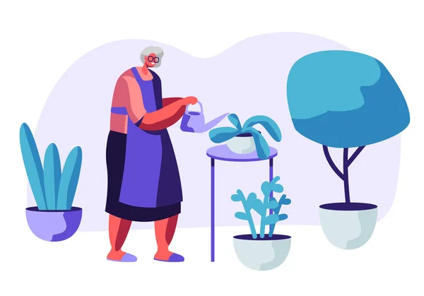 Starší žena Zahrading hobby. Stará šedovlasá ženská postava na odbavovací ploše péče o domácí rostliny v květináčích. Stará paní holdingová voda zalévá vodu do domácích květin kreslený plochý vektor ilustrace — Stockový vektor