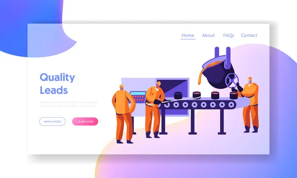 Metallurgy Industry Workers Smelting Metal in Big Foundry and Vering Molten Steel or Iron Ore in Form During Smelting Process, Website Landing Page, Web Page. Illustration vectorielle plate de bande dessinée, bannière — Image vectorielle