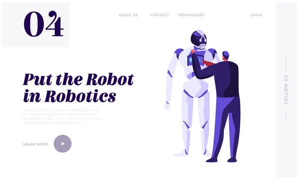 Engenheiro Cientistas Personagem Masculino Programação Robot Enorme. Robótica Hardware e Engenharia de Software. Site de Inteligência Artificial Landing Page, Página Web. Desenhos animados Flat Vector Ilustração, Banner — Vetor de Stock