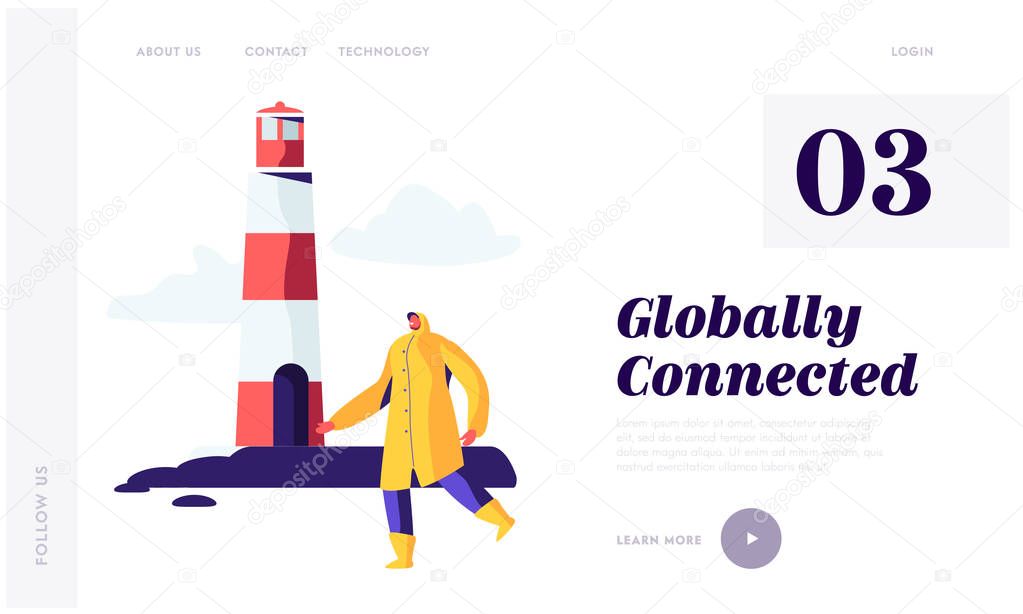 Seaport Worker in Yellow Cloak Walk near Lighthouse in Harbor Yard. Fisherman Male Character Maritime Profession, Occupation Website Landing Page, Web Page. Cartoon Flat Vector Illustration, Banner