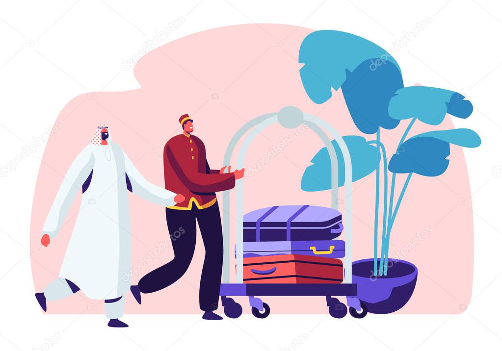 Hotel Stuff Meeting Arabic Guest in Hall Carrying Luggage by Cart. Muslim Businessman Stay in Guesthouse for Vacation or Business Trip Appointment and Reservation Room Cartoon Flat Vector Illustration