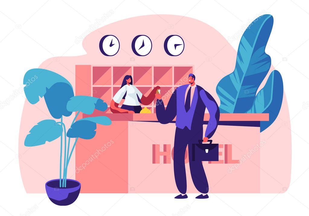 Hotel Reception. Female Manager, Receptionist Character Behind Desk Give Room Key to Businessman Guest at Hall. Lobby Interior, Tourism, Business Trip. Interior of Inn.Cartoon Flat Vector Illustration