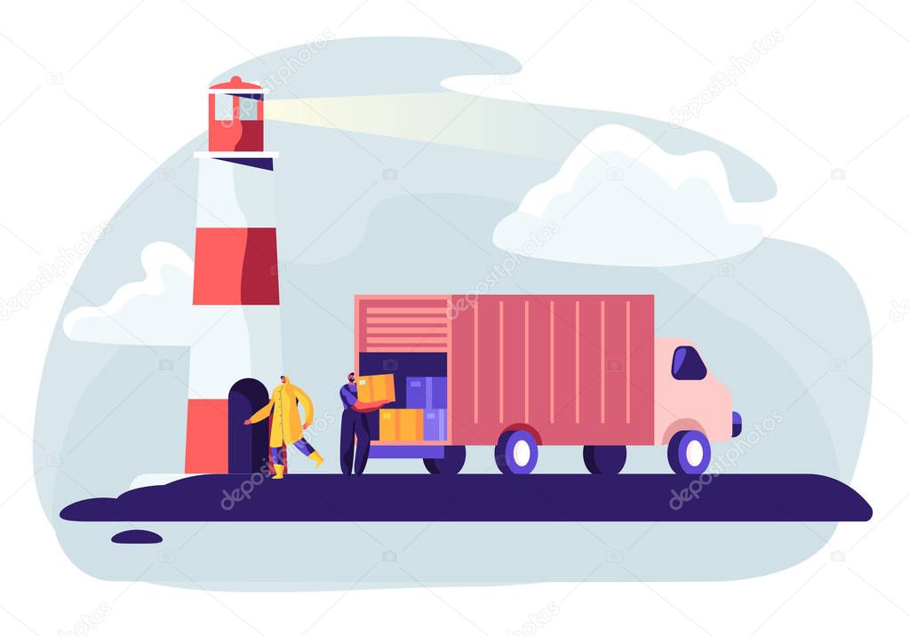 Logistics Transportation Container Ship with Industrial Truck. Import and Export in Shipping Cargo Harbor Yard. Transportation Industry, Global Maritime Logistic. Cartoon Flat Vector Illustration
