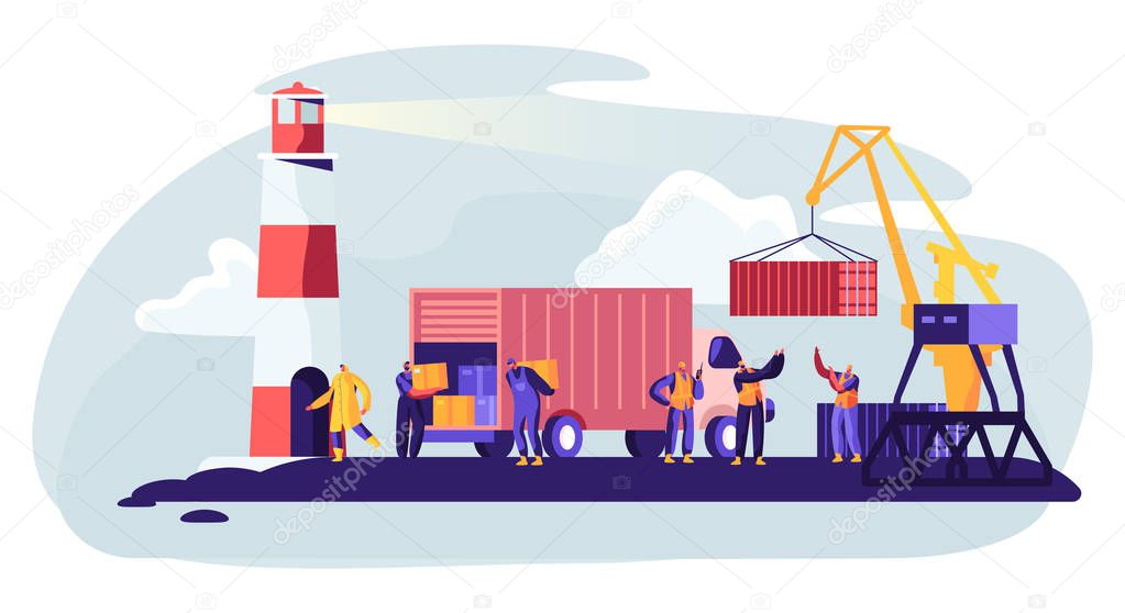 Shipping Port with Harbor Crane Loading Containers to Marine Freight Boat. Seaport Workers Carry Boxes from Truck in Docks near Lighthouse. Global Maritime Logistic. Cartoon Flat Vector Illustration