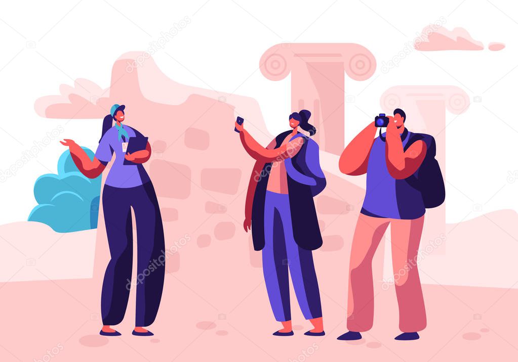 Male and Female Tourist Characters Visit Sightseeing with Guide Making Pictures on Photo Camera. Foreign Journey, Travel Agency Service, Traveling People on Excursion. Cartoon Flat Vector Illustration