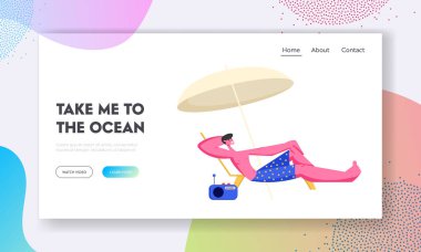 Yaz Tatili 'nde Sun Şemsiyesi altında Şezlongda uzanan genç adam. Deniz kenarındaki tatil köyünde dinlenen bir turist. Web sitesi İniş Sayfası, Web Sayfası Düz Vektör İllüstrasyonu, Sancak