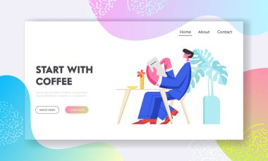 Cafe'yi Ziyaret Eden Adam Menü ile SıraSını Yapıyor. Rahatlatıcı Erkek Karakter veya İşadamı Restoranda Yemek Seçin. Web Sitesi Açılış Sayfası, Web Sayfası. Karikatür Düz Vektör İllüstrasyon, Afiş