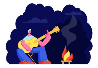 Genç adam gece zaman Singing şarkılar ve gitar oynarken Campfire oturuyor. Yaz kampında erkek turist SpareTime. Summertime Leisure, tatil yürüyüş veya seyahat. Karikatür daire vektör Illüstrasyon