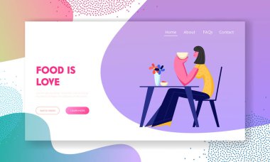 Masada oturan, elinde kahve fincanı tutan el yapımı içecek içen genç bir kadın. Restoranda ya da Cafe 'de Dinlendirici Dinlenme Vaktiniz Var. Web sitesi İniş Sayfası, Web Sayfası. Çizgi film Düz Vektör İllüstrasyonu, Banner