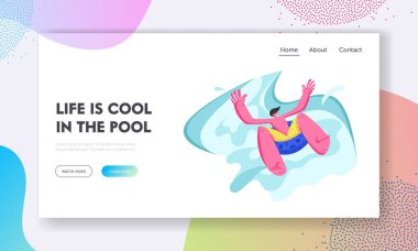 Excited Man Summertime Tatil De Waterpark Şişme Float tarafından Sürgülü. Su Eğlencesi Yaz Eğlencesi, Aquapark Ziyaret Web Sitesi Açılış Sayfası, Web Sayfası Karikatür Düz Vektör İllüstrasyon, Banner
