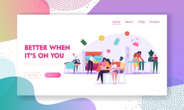 Dikiş Giyim Tekstil Fabrikası. Terzi Karakterleri Moda Atölyesi'nde Thread Machine ile çalışır. Bez İmalat İşçileri Web Sitesi Açılış Sayfası, Web Sayfası Karikatür Düz Vektör İllüstrasyon, Banner