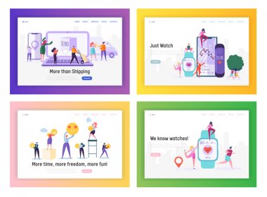 Alışveriş, Teslimat, Sağlık ve Sosyal Medya Uygulamaları Web Sitesi Açılış Sayfası Şablonları Seti, Yaşamda Uygulama Kullananlar, Kargo, Akıllı İzle Web Sayfası Çizgi Film Düz Vektör İllüstrasyon, Banner
