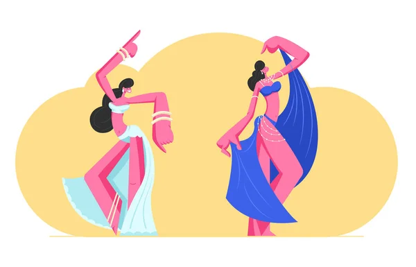 Ζευγάρι των νεαρών κοριτσιών σε όμορφη Αραβικά φορέματα και κοσμήματα χορεύοντας χορό της κοιλιάς με την ανύψωση των χεριών. Χαρέμι γυναίκες στροβιλίζονται χέρια και κινούμενο σώμα στο χορό, καλλιτέχνης χόμπι. Εικονογραφία-επίπεδη απεικόνιση διανυσματικών — Διανυσματικό Αρχείο