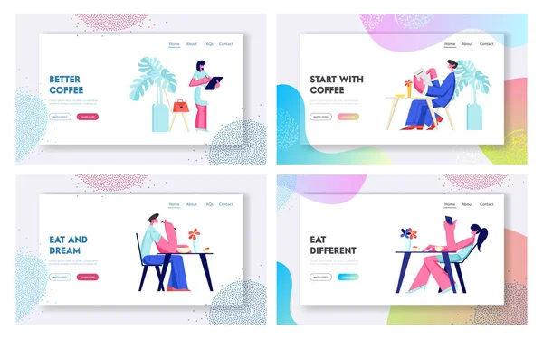 Cafe ve Restoran Web Sitesi Açılış Sayfası Şablonları Set Ziyaret İnsanlar. Masalarda Oturan Ziyaretçi Karakterleri Sipariş, Garson Müşterilere Hizmet Vermektedir. Karikatür Düz Vektör İllüstrasyon, Banner, Web Sayfası.