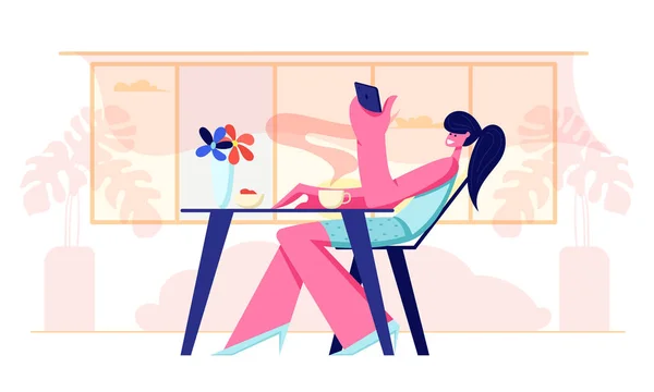 Menina Relaxante no restaurante Sentado à mesa com xícara de café Segurando Smartphone em mãos. Mulher visitando Café, Personagem Cliente Feminino em Lugar Recreativo. Desenhos animados ilustração vetorial plana — Vetor de Stock