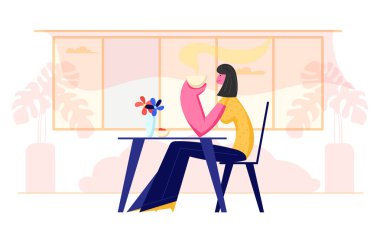 Restoranda ya da Cafe 'de Genç Kadın Ziyareti. Kadın Karakter Masa 'da Ellerinde Kahve Fincanı İçiyor. Kafeteryada Dinlendirici Dinlenme Saati Olan Kız. Çizgi film Düz Vektör İllüstrasyonu