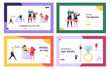 Elmas Üretim ve Kuyumcu Web Sitesi Açılış Sayfası Şablonları Set, Satıcı Teklif Bijou Müşteri, Kadın Karakter Lüks Yüzük Seçin, Web Sayfası Karikatür Düz Vektör İllüstrasyon, Banner Satış