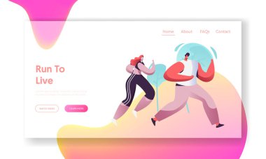 Hareket Halindeki İnsanlar Grubu'nun Çalıştırıl. Koşu Adam ve Kadın Eğitim Açık. Koşucular Spor Yarışması Maraton Mesafe Web Sitesi Açılış Sayfası, Web Sayfası Karikatür Düz Vektör İllüstrasyon, Banner hazırlayın