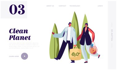 Kağıt ve Yaylı Çantalarda Erkek ve Kadın Taşıma Ürünleri. Ürünler için Eko Doğal Ambalaj. Gıda için Ekolojik Güvenlik Konteynerleri. Web Sitesi Açılış Sayfası, Web Sayfası Karikatür Düz Vektör İllüstrasyon, Banner