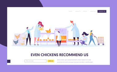 Tavuk Tavuküretim Fabrika Makinası. Üretim Hattında Yumurta Makinapaketleme İşlemi Yapan Karakterler. Akış Şeması Ekipmanları. Web Sitesi Açılış Web Sayfası, Karikatür Düz Vektör İllüstrasyon, Banner