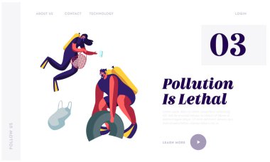 Çöp ile Deniz Plastik Kirliliği. Scuba Dalgıçlar Ocean Bottom Çöp ve Atıklar toplamak. Ekoloji Koruma Kavramı Web Sitesi Açılış Sayfası, Web Sayfası Karikatür Düz Vektör İllüstrasyon, Banner