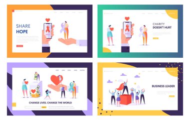 Bağış, Sadaka, Gönüllüler Çalışma ve Liderlik Web Sitesi Açılış Sayfası Şablonları Set, Change World, Sağlıklı Nakledilebilir Organ veya Para Bağış. Web Sayfası Karikatür Düz Vektör İllüstrasyon, Banner
