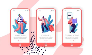 Web Sitesi veya Web Sayfası için Bagaj, Fotoğraf Makinesi ve Yabancı Ülke Konsepti ile Seyahat Mutlu İnsanlar. Traveler Mobil Uygulama Sayfası Onboard Ekran Seti Karikatür Düz Vektör İllüstrasyon için Gezi