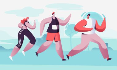 Ham Maraton Mesafe Koşu Erkek ve Kadın Karakterler Grubu. Spor Koşu Yarışması. Atlet Sprinter Sporcu ve Sporcu Koşusu Maratonu, Sprint Yarışı. Karikatür Düz Vektör İllüstrasyon