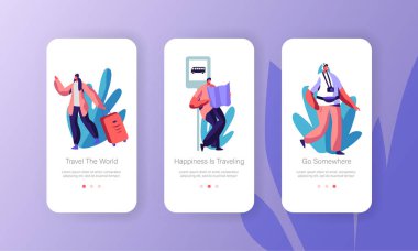 Yabancı Yolculuk, Seyahat Acentesi Servisi, Web Sitesi veya Web Sayfası için Gezi Konsepti seyahat insanlar. Turistik Yolculuk Onboard Ekran Seti, Mutlu Seyahat Karakterler. Karikatür Düz Vektör İllüstrasyon