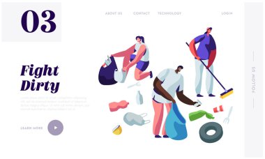 Multiracial Gönüllüler Karakterler Çöp, Planet Cleanup Toplama. İnsanlar Çantaiçine Çöp Toplama, Çevre Kirliliği Web Sitesi Açılış Sayfası, Web Sayfası Karikatür Düz Vektör İllüstrasyon, Banner
