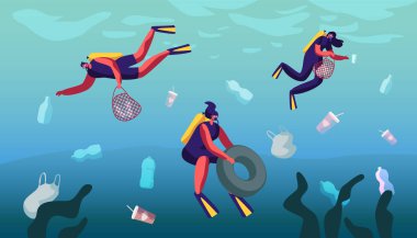 Farklı Çöp Çeşitleri ile Denizin Plastik Kirliliği. Scuba Dalgıçlar Sepet Sualtı içine Çöp toplamak. Okyanus Suyunda Yüzen Atıklar. Ekoloji Koruma Kavramı Karikatür Düz Vektör İllüstrasyon