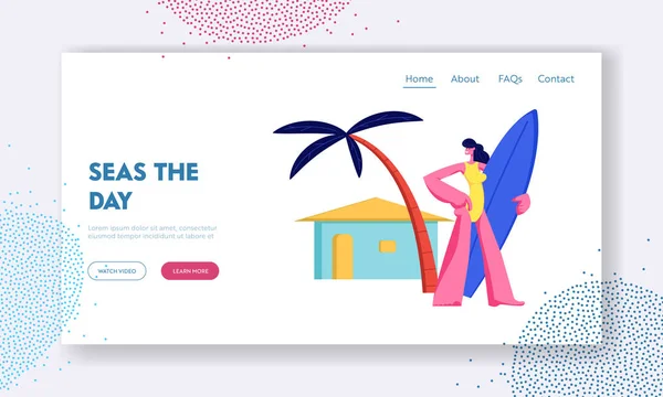 Woman with Surf Board in Hands on Resort Beach under Palm Tree on Summertime Vacation, Travel in Exotic Country, Sport Activity Site Landing Page, Página da web. Desenhos animados Flat Vector Ilustração, Banner —  Vetores de Stock