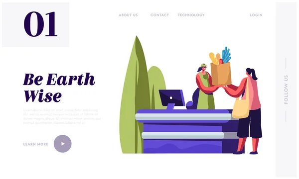 A nő élelmiszert vásárol az újrahasznosítható öko csomagolásban a boltban. Pénztáros karakter barátságos papírzacskót árukkal. Ökológia, Recycling Website Landing Page, Weboldal Cartoon Flat Vector Illusztráció, Banner — Stock Vector
