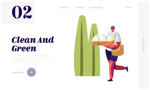 Мужчина несет упаковку яиц в руках на летнем ландшафте. Проблема загрязнения окружающей среды, покупки с экологической упаковки сайта посадки страницы, веб-страницы Мультфильм плоский вектор иллюстрации, баннер
