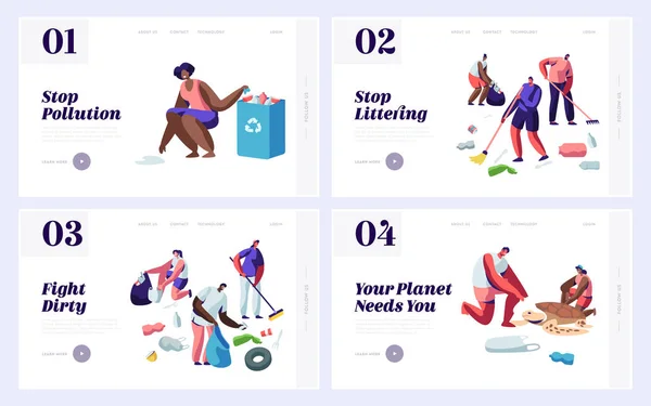 People Saving and Cleaning Planet from Trash Website Landing Page Templates Set (en inglés). Personajes masculinos y femeninos Raking Earth Surface, Recycle and Ecology. Página Web Dibujos Animados Vector plano Ilustración, Banner — Vector de stock