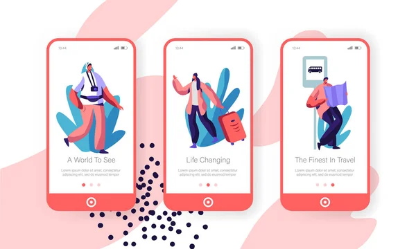 ウェブサイトやWebページのための外国の概念に荷物、フォトカメラと地図を持って旅行する幸せな人々。旅行者モバイルアプリページオンボード画面セット漫画フラットベクトルイラストのための遠足 — ストックベクタ