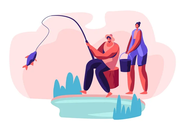 魚を捕まえる池の海岸に座っている漁師、バケツで立つ女性。自然、週末のレジャー、家族の休憩アウトドアでリラックスする人々。湖の漫画フラットベクトルイラストで男釣り — ストックベクタ