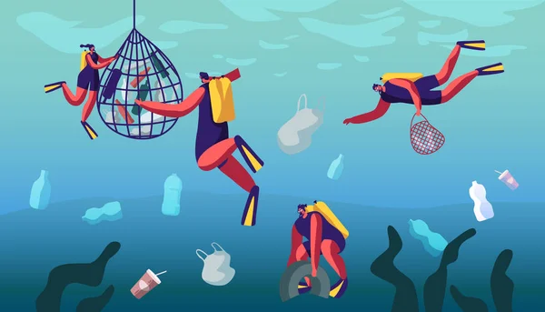 Penyelam Scuba Berenang di Samudera dan Mengumpulkan Sampah Laut Terapung di Air Terpolusi. Permukaan Bawah Air Kotor, Polusi Planet, Penyelam Karakter Membersihkan Sampah. Ilustrasi Vektor Flat Kartun - Stok Vektor