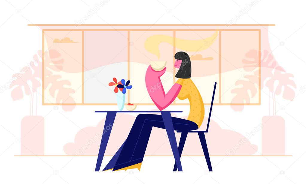 Young Woman Visiting in Restaurant or Cafe. Female Character Sitting at Table Holding Coffee Cup in Hands Drinking Beverage. Girl Have Relaxing Sparetime in Cafeteria. Cartoon Flat Vector Illustration