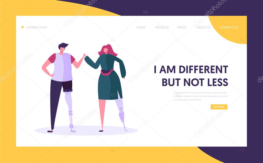 Disabled Man and Woman with Leg Prosthesis Holding Hands, Motivation and Bodypositive Concept. Invalids Family or Friends Couple Website Landing Page, Web Page Cartoon Flat Vector Illustration, Banner
