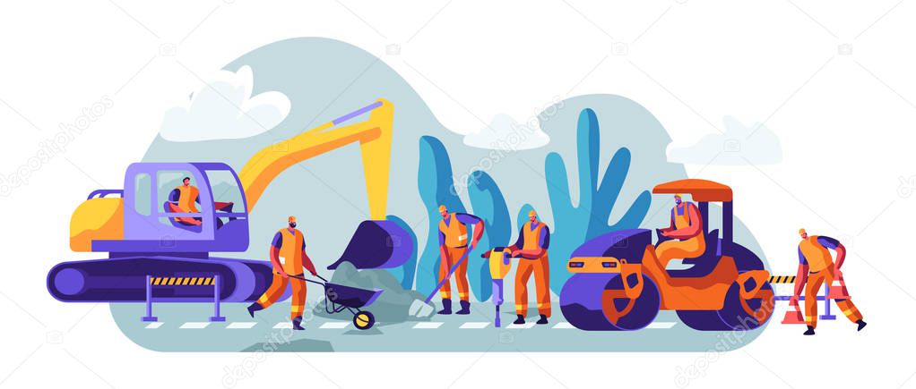 Road Repair with Construction Machines and Working People. Excavator and Rolling Heavy Vehicles Making Asphalt Maintenance. Machinery and Warning Signs Construction. Cartoon Flat Vector Illustration